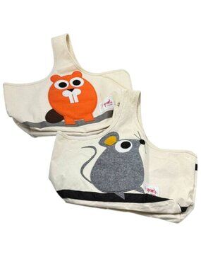 3 Sprouts Organic Cotton Canvas Bags Lot 2 Beaver and Mouse w liners